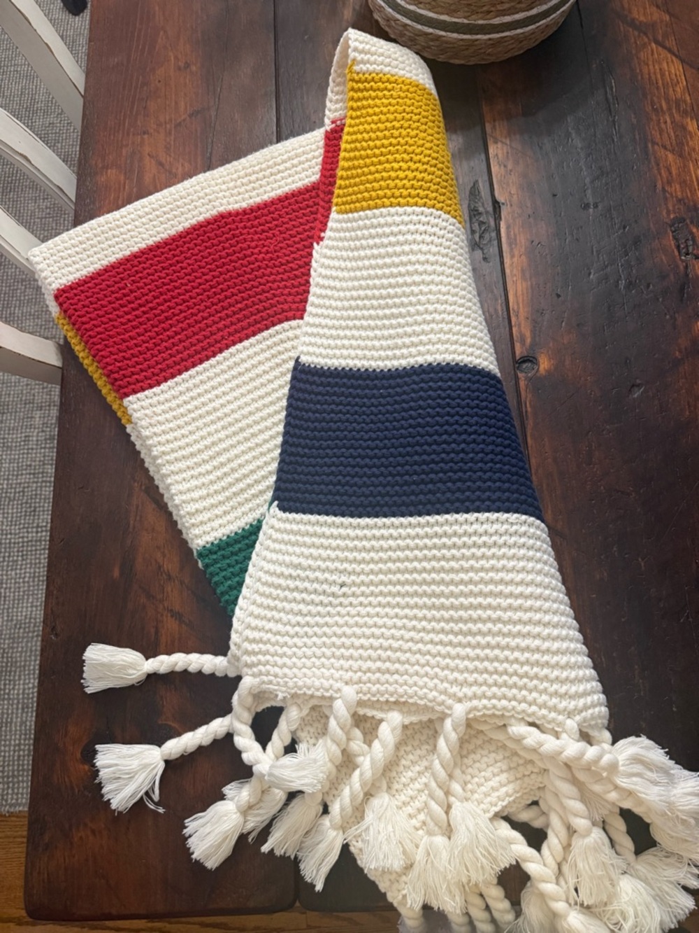Hudson Bay knit thick throw blanket with tassels.